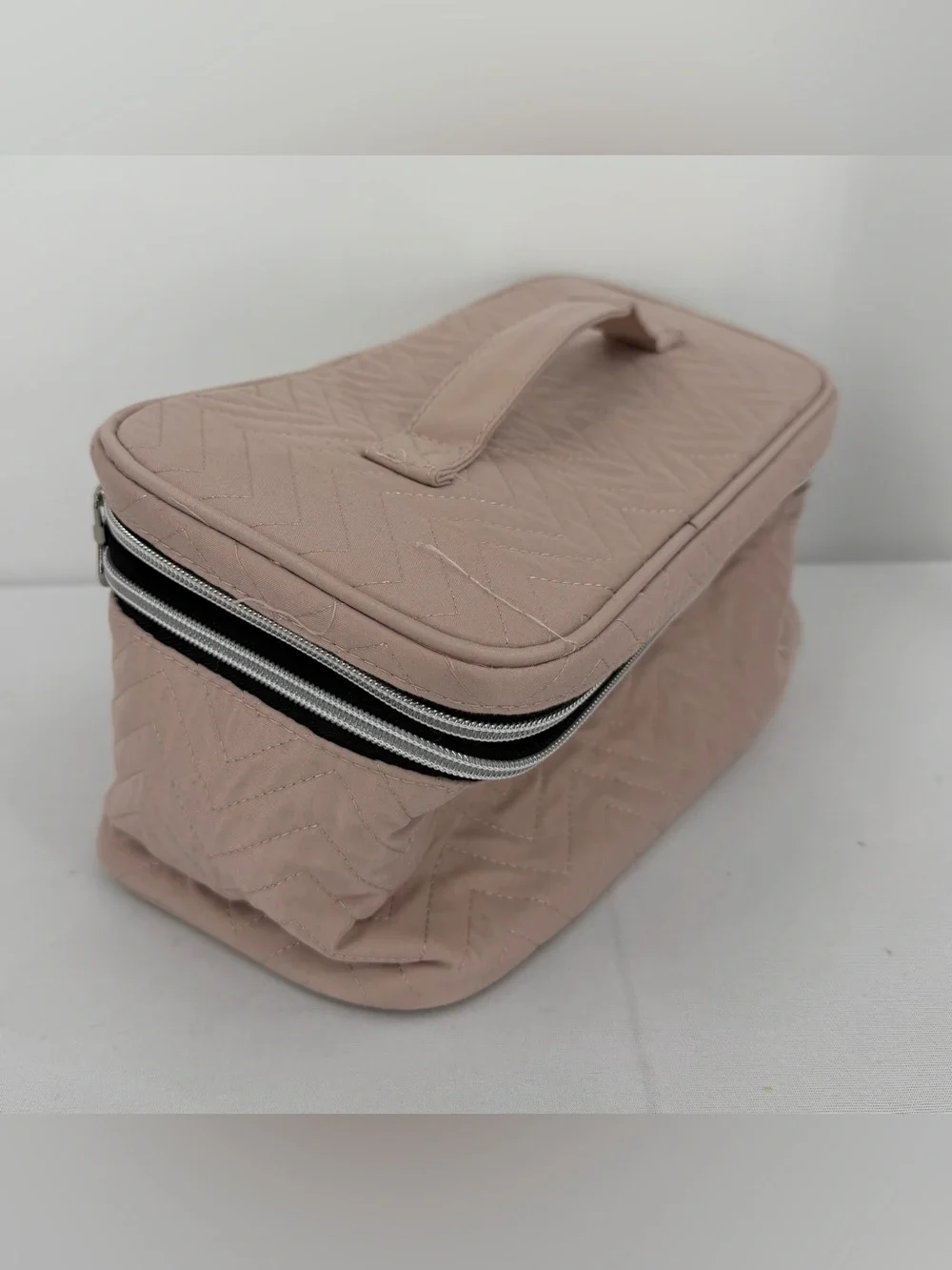 Pink quilted large makeup bag Travel Organizer Train Case Removable Dividers